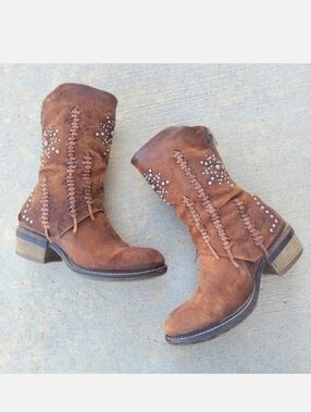 A.S.98 Brown Leather Clein Calvados Western Studded Mid Calf Boots 37 US 6.5-7